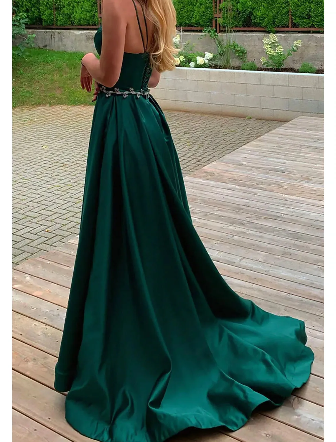 A-Line Prom Dresses Gothic Dress Formal Wedding Party Court Train Sleeveless Spaghetti Strap Satin Backless with Pleats Beading