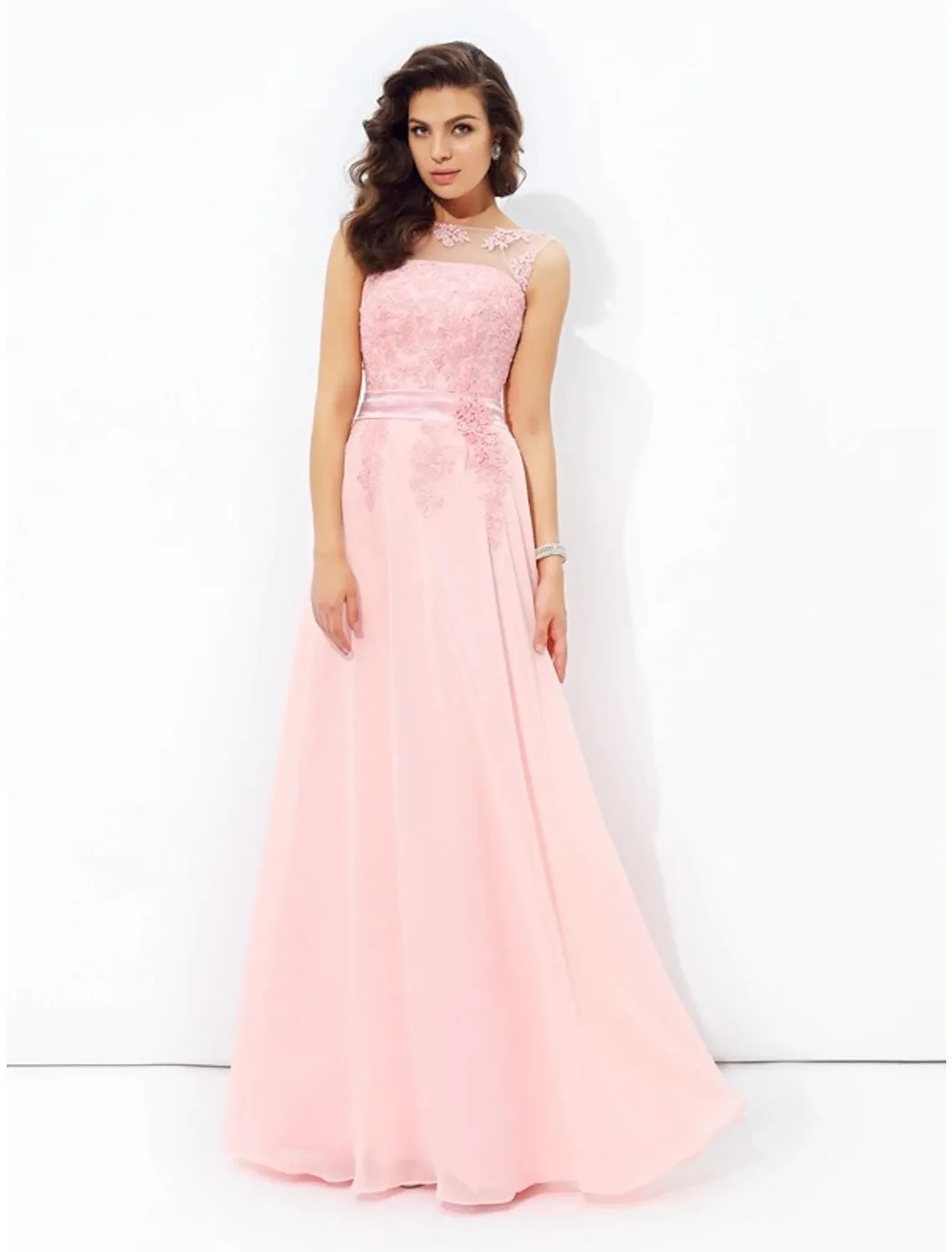 A-Line Prom Dresses Sparkle & Shine Dress Formal Wedding Guest Floor Length Sleeveless Jewel Neck Chiffon with Appliques