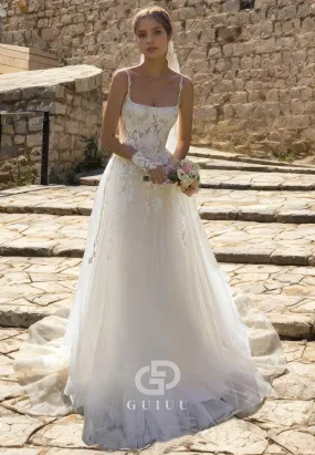 A-Line Square Straps Sleeveless Lace Appliques Tulle Boho Beach Wedding Dress