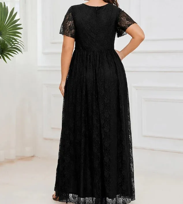 A-Line V-Neck Mother Of The Bride Dresses Plus Size Short Sleeve Ruffled Lace Formal Evening Dress