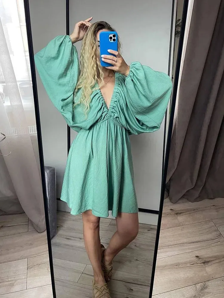 Aiertu Summer 11 Candy Color Long Sleeve Dresses Women Tourism vacation Deep V Neck Women Summer Boho Dresses