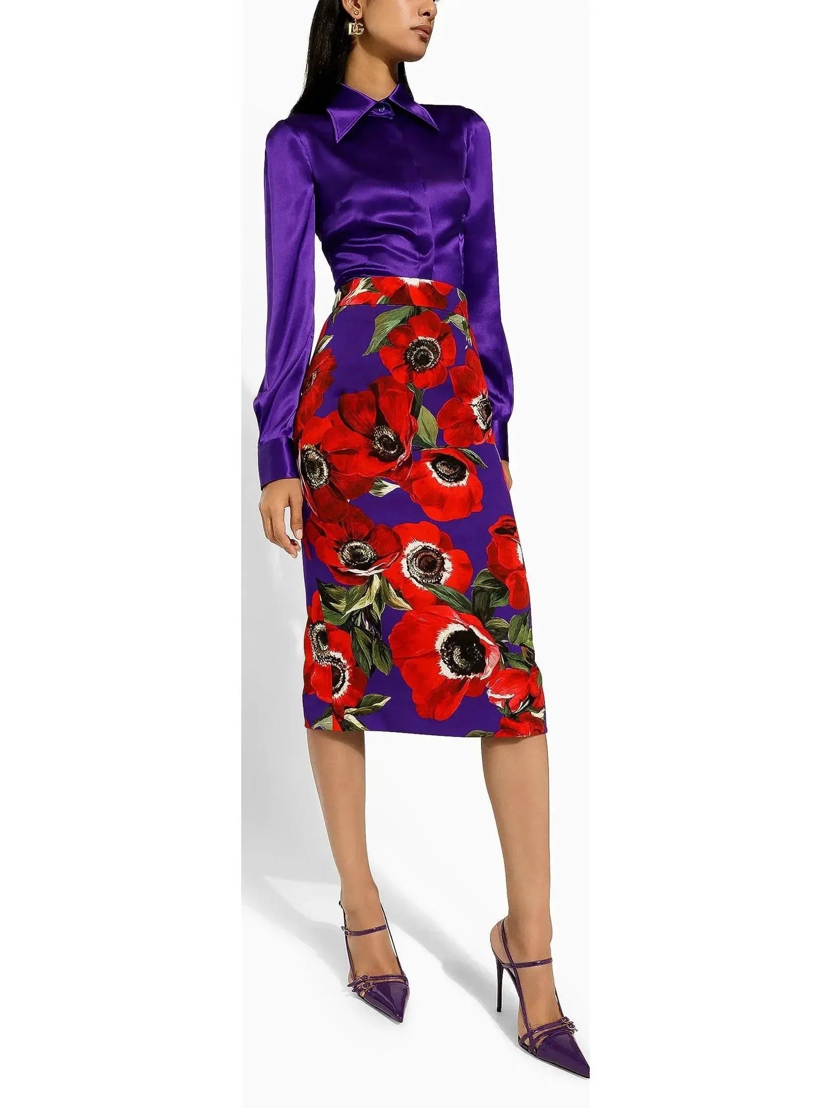 Anemone Floral Print Charmeuse Calf-Length Skirt