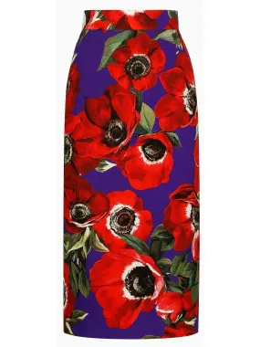 Anemone Floral Print Charmeuse Calf-Length Skirt