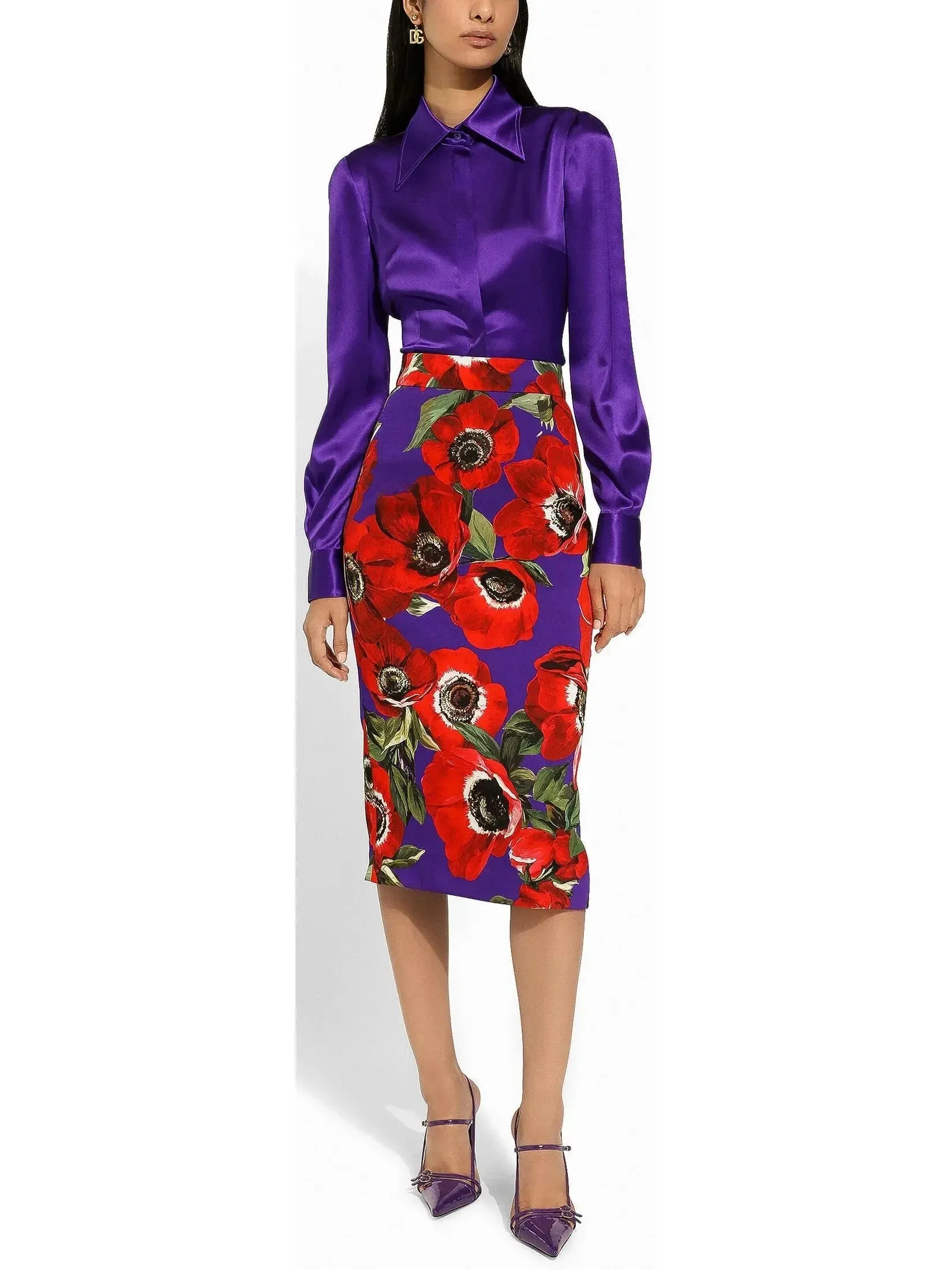 Anemone Floral Print Charmeuse Calf-Length Skirt