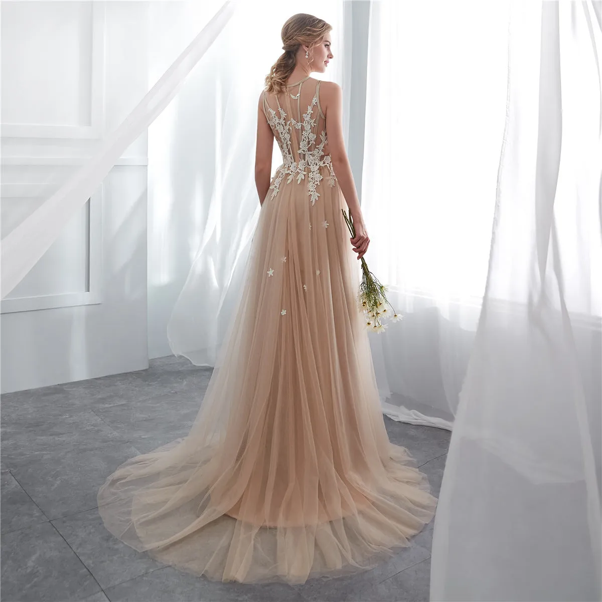 Applique Tulle Long Prom Dress A Line Evening Dress Formal Party Dress 156