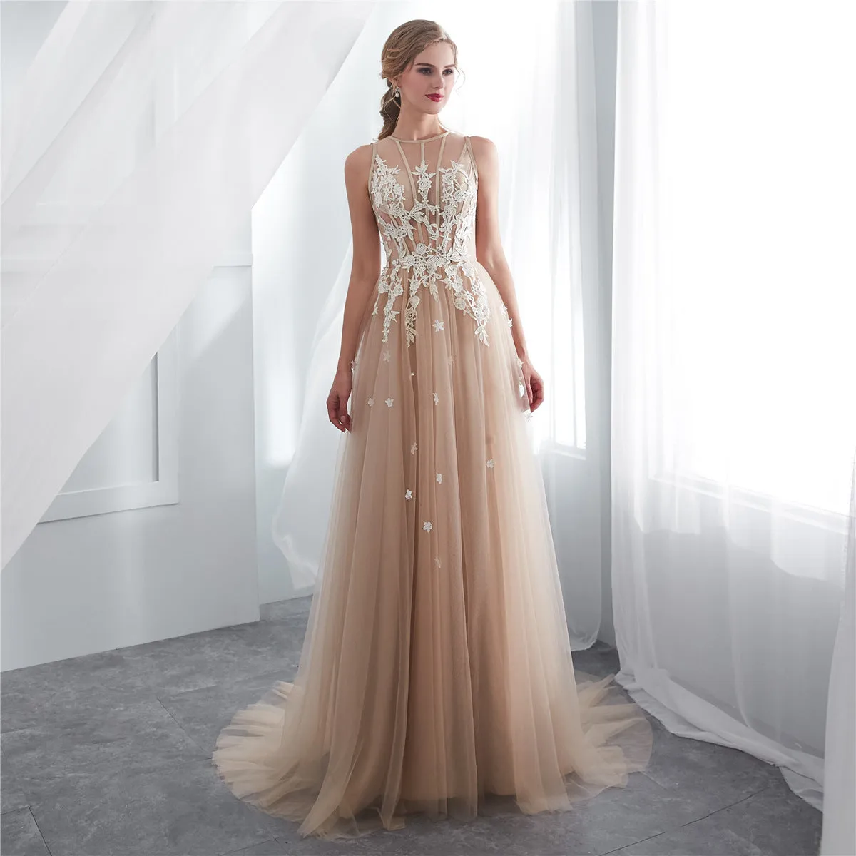 Applique Tulle Long Prom Dress A Line Evening Dress Formal Party Dress 156