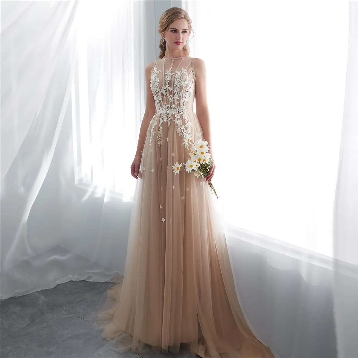 Applique Tulle Long Prom Dress A Line Evening Dress Formal Party Dress 156