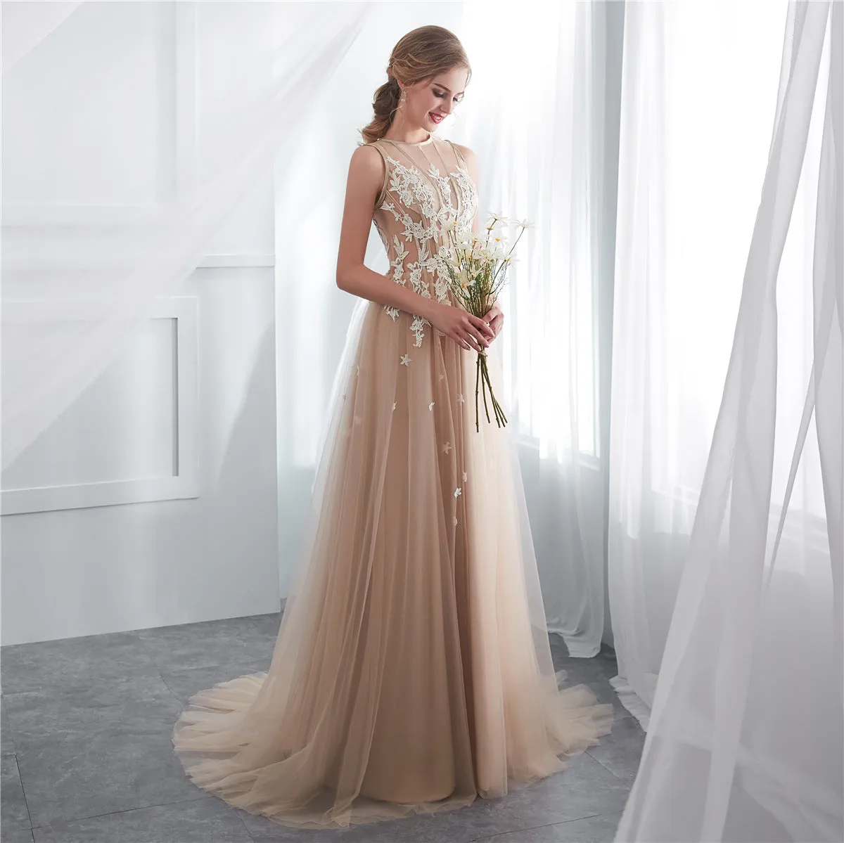 Applique Tulle Long Prom Dress A Line Evening Dress Formal Party Dress 156