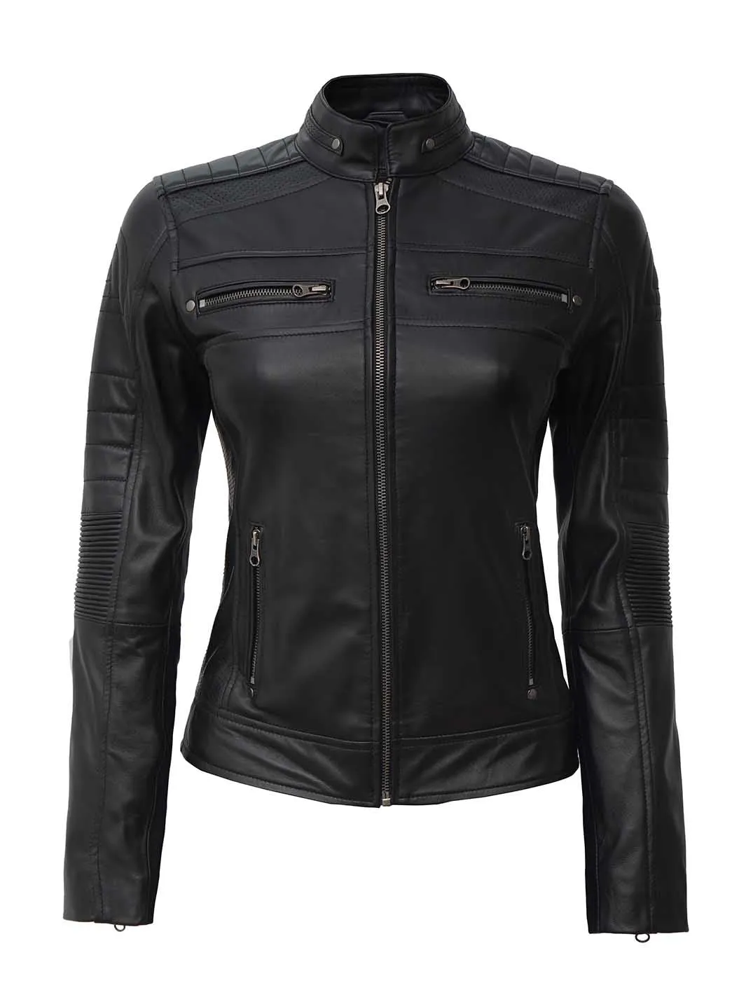 Austin Petite Women Black Cafe Racer Leather Jacket