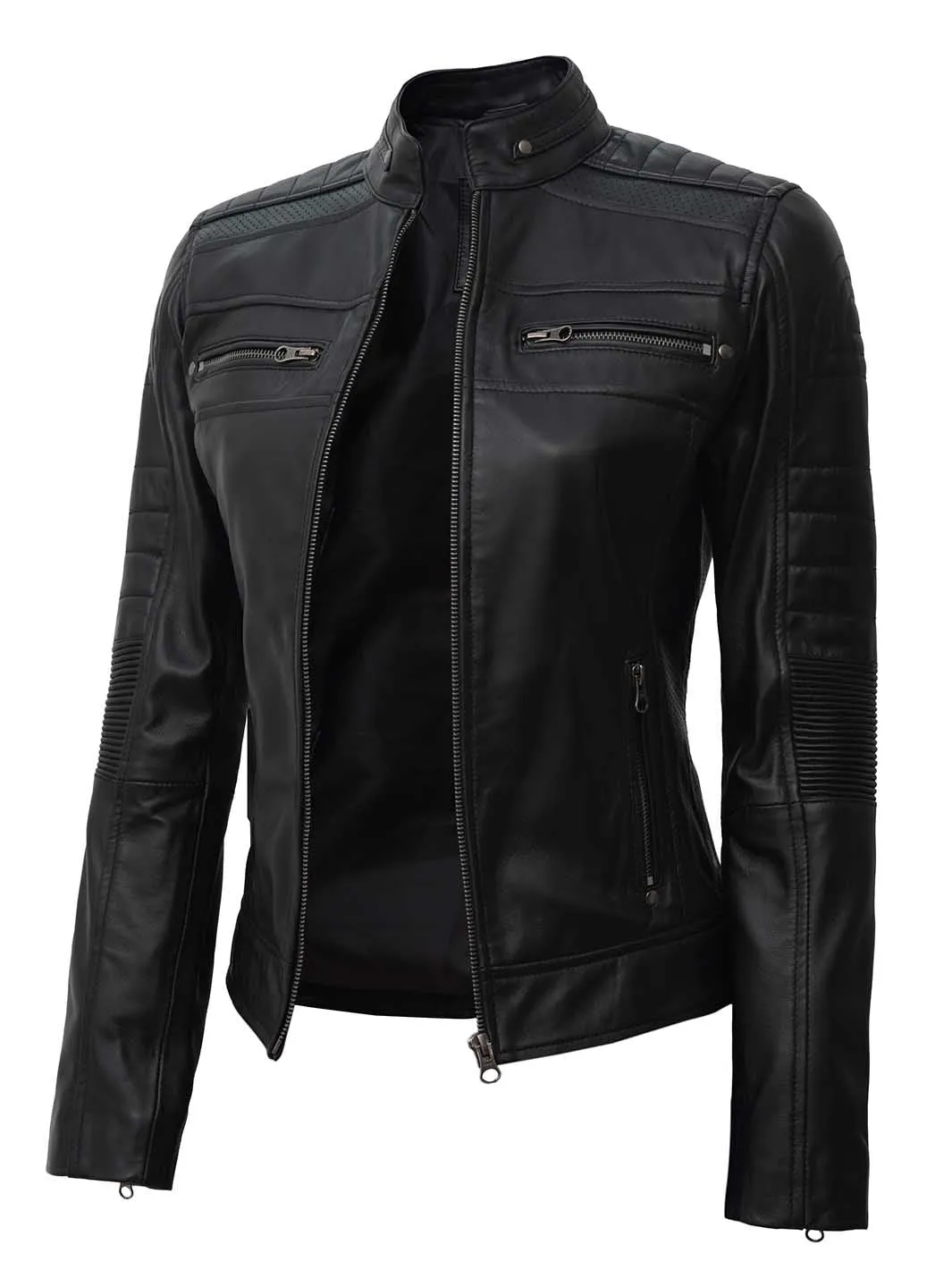 Austin Petite Women Black Cafe Racer Leather Jacket