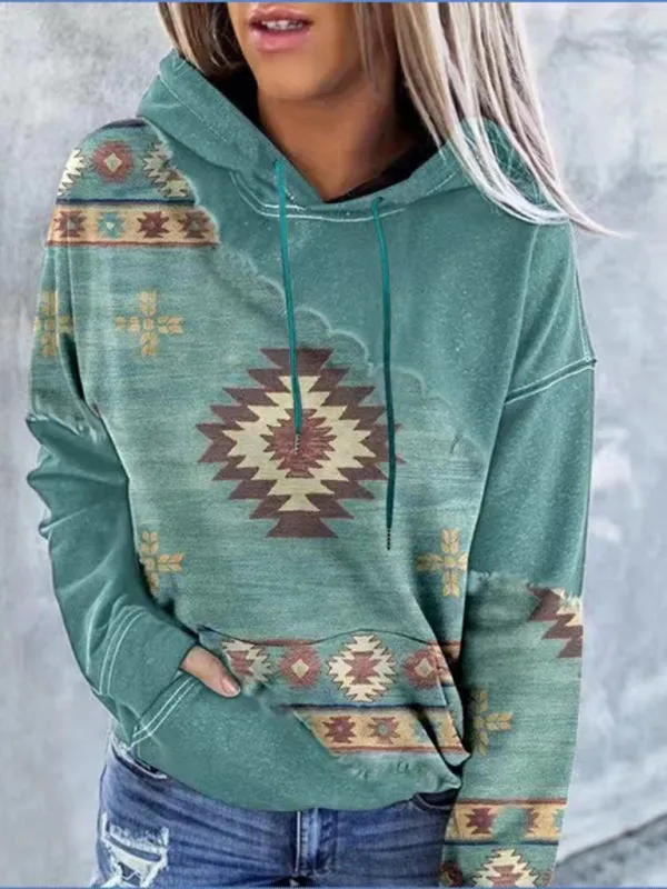 Aztec Print Hoodie - Hooded Neck, Kangaroo Pocket Sweatshirt