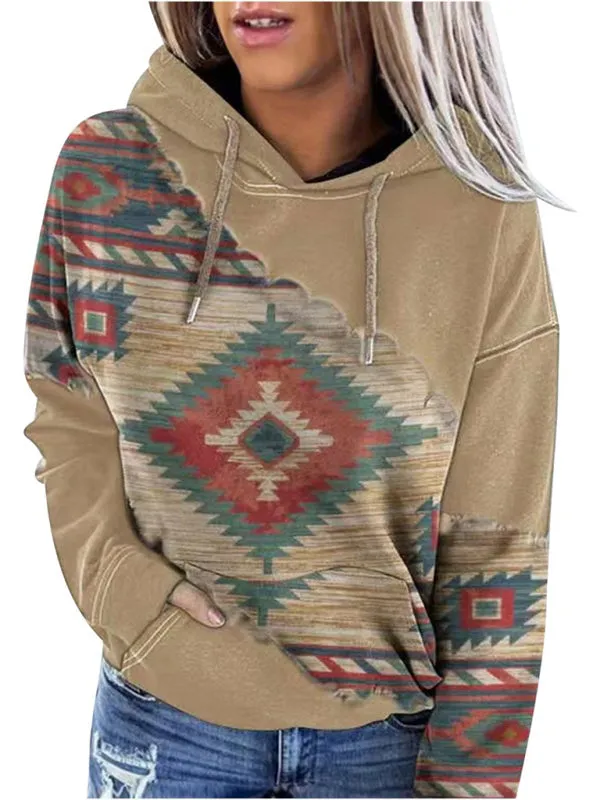 Aztec Print Hoodie - Hooded Neck, Kangaroo Pocket Sweatshirt