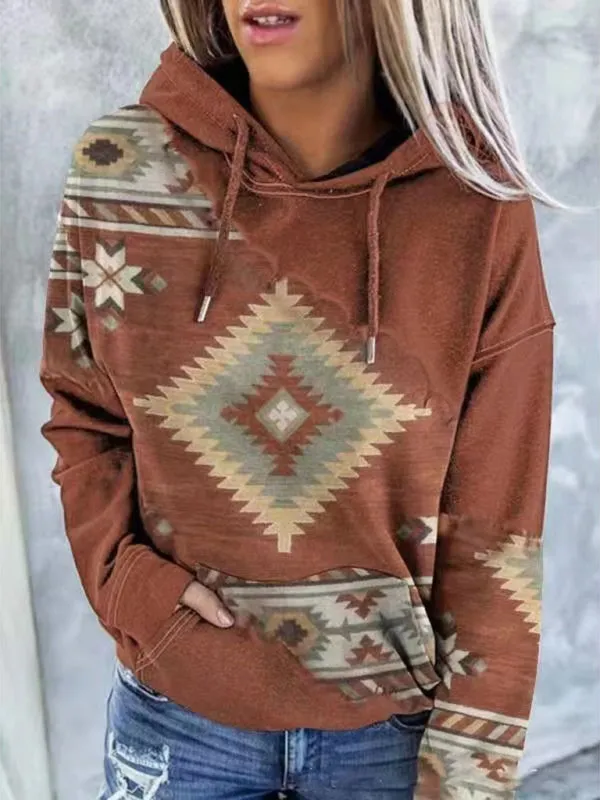 Aztec Print Hoodie - Hooded Neck, Kangaroo Pocket Sweatshirt