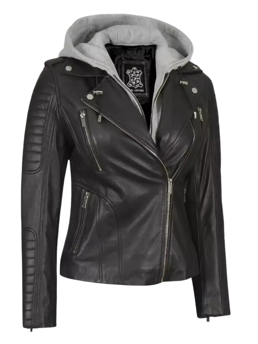 Bagheria Womens Black Leather Biker Jacket With Removable Hood