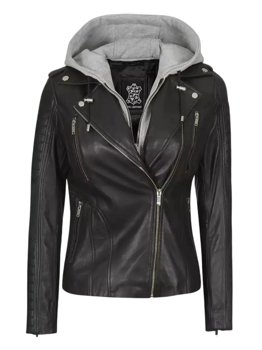 Bagheria Womens Black Leather Biker Jacket With Removable Hood