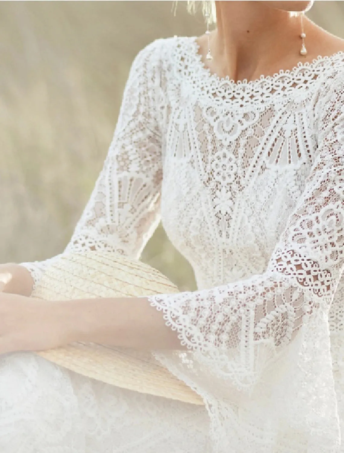 Beach Boho Wedding Dresses A-Line Scoop Neck Long Sleeve With Lace