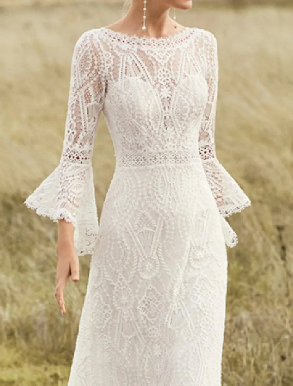 Beach Boho Wedding Dresses A-Line Scoop Neck Long Sleeve With Lace