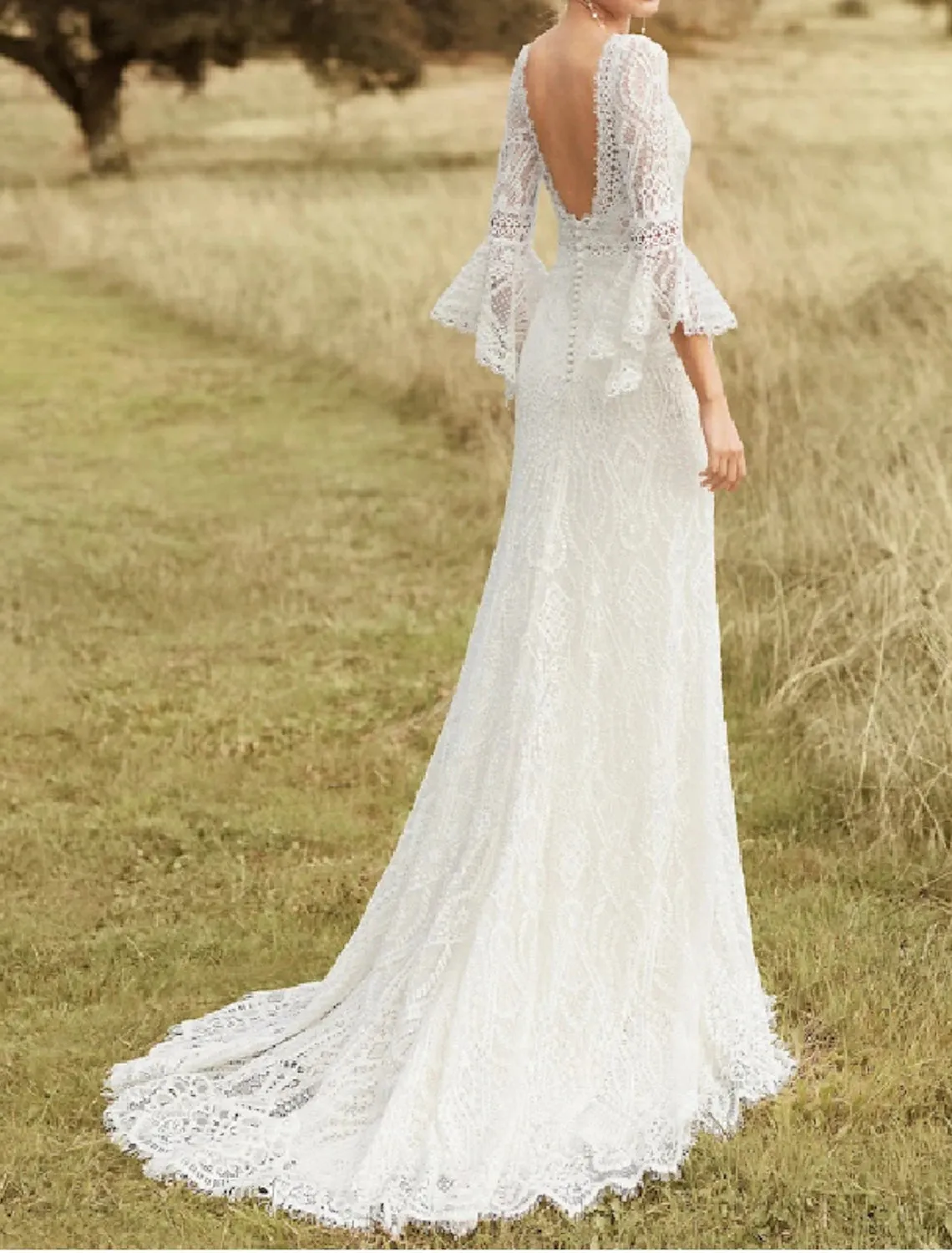 Beach Boho Wedding Dresses A-Line Scoop Neck Long Sleeve With Lace