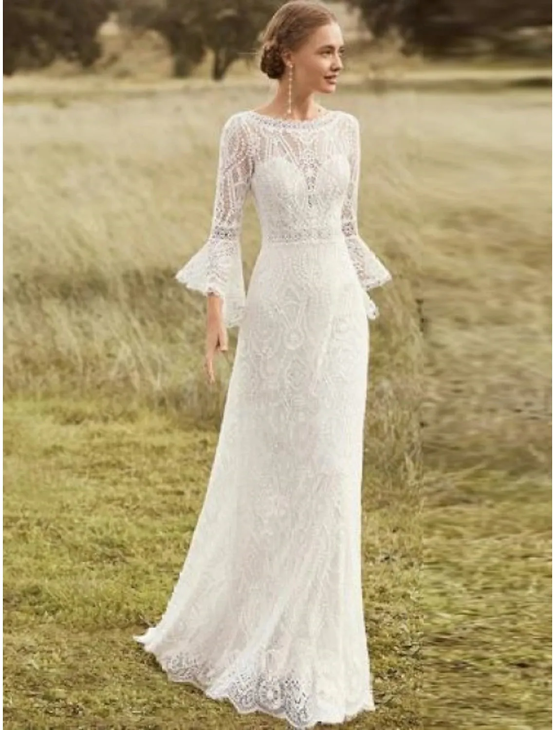 Beach Boho Wedding Dresses A-Line Scoop Neck Long Sleeve With Lace