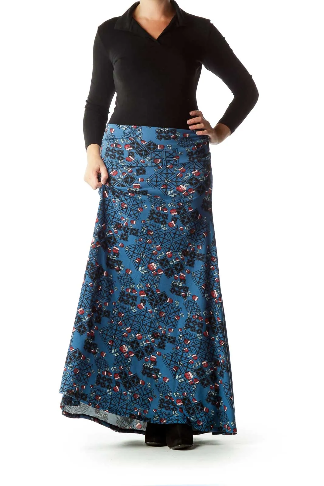 Blue Black Floral Maxi Skirt