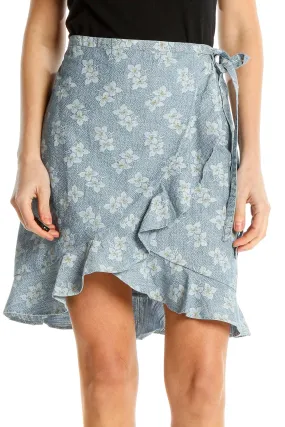 Blue Floral Wrap Ruffle Skirt