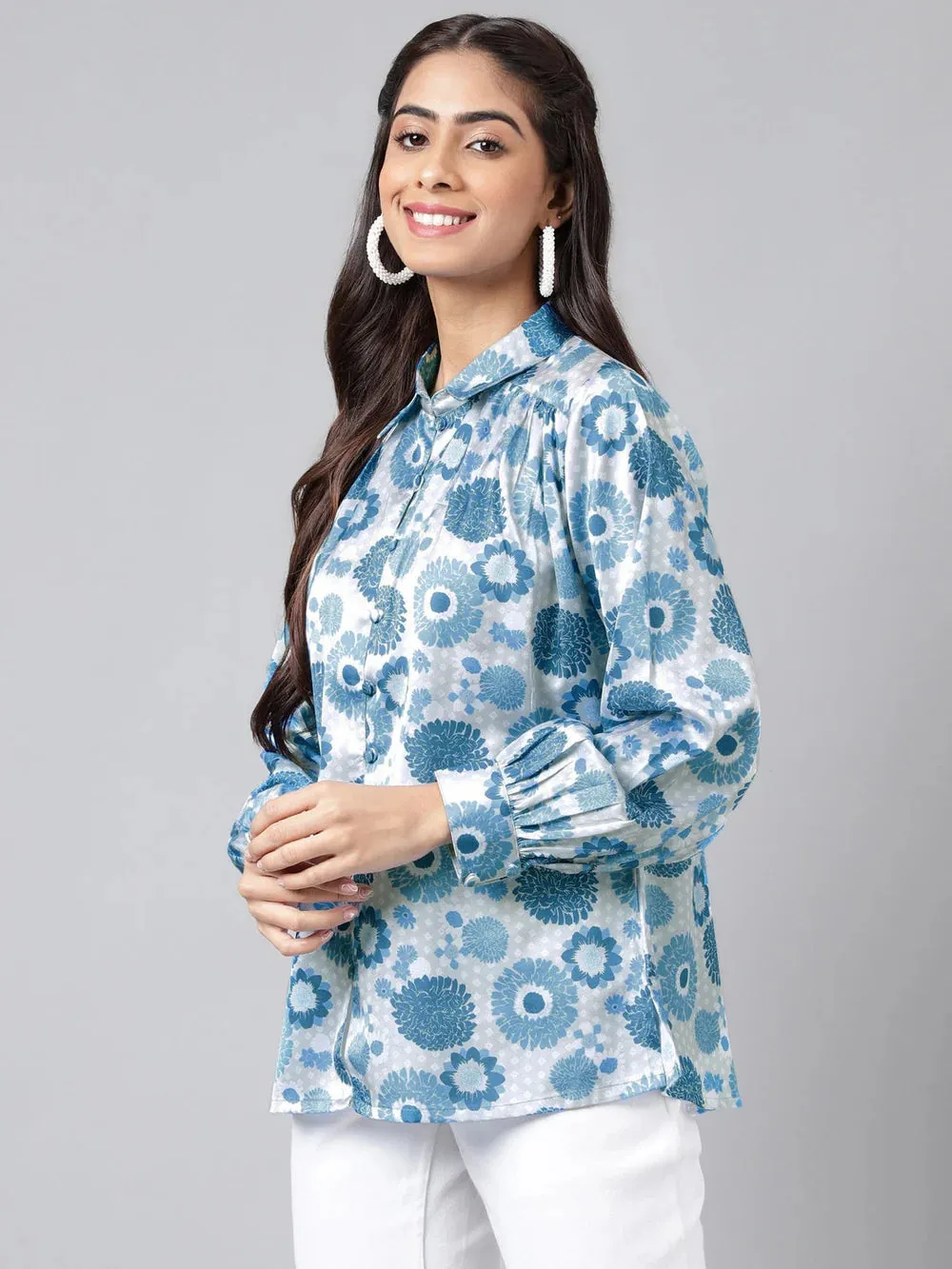 Blue Satin Digital Floral Printed Shirt Style Top