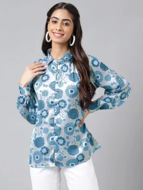 Blue Satin Digital Floral Printed Shirt Style Top