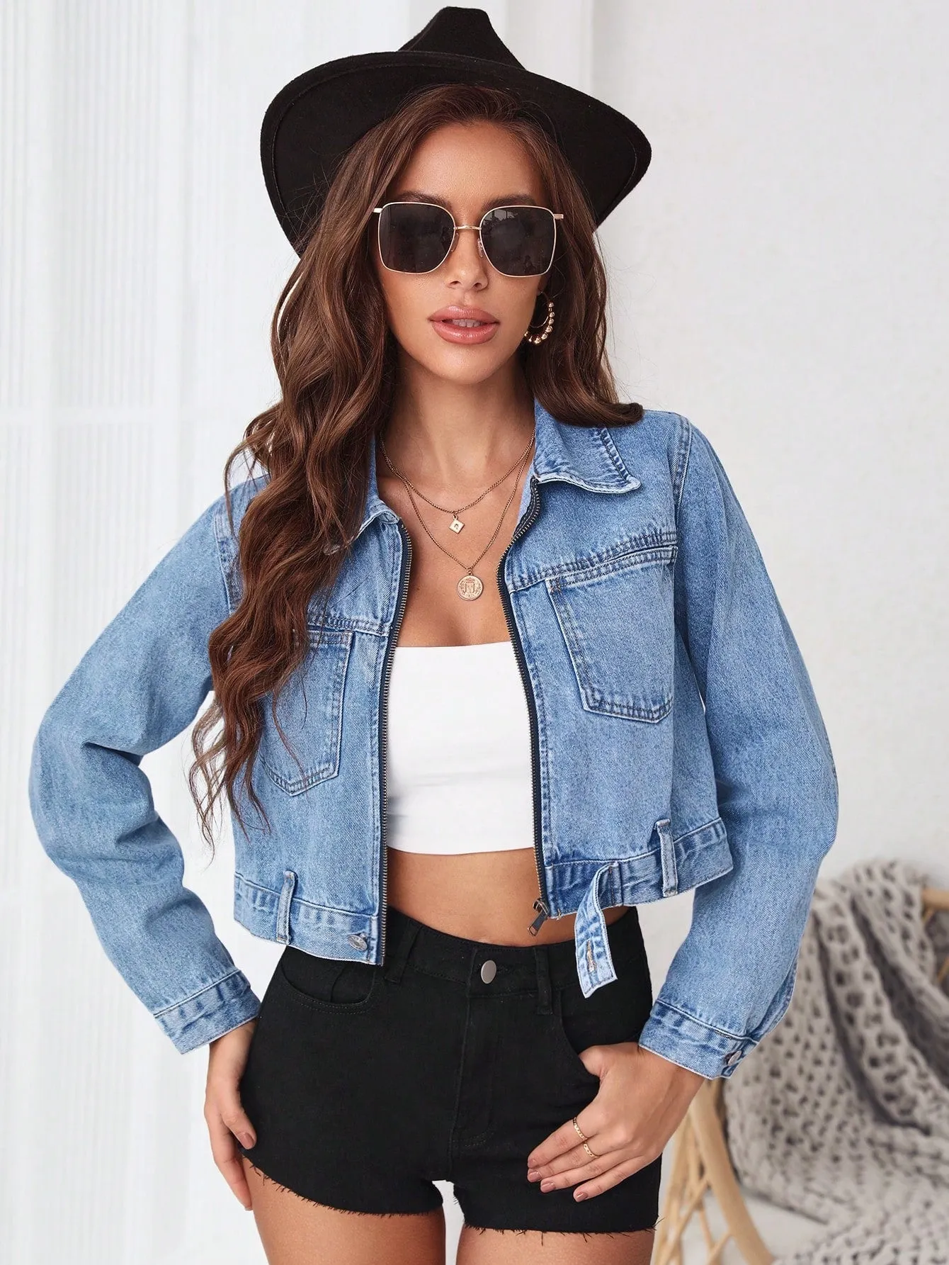 Blue Zip Front Crop Denim Jacket