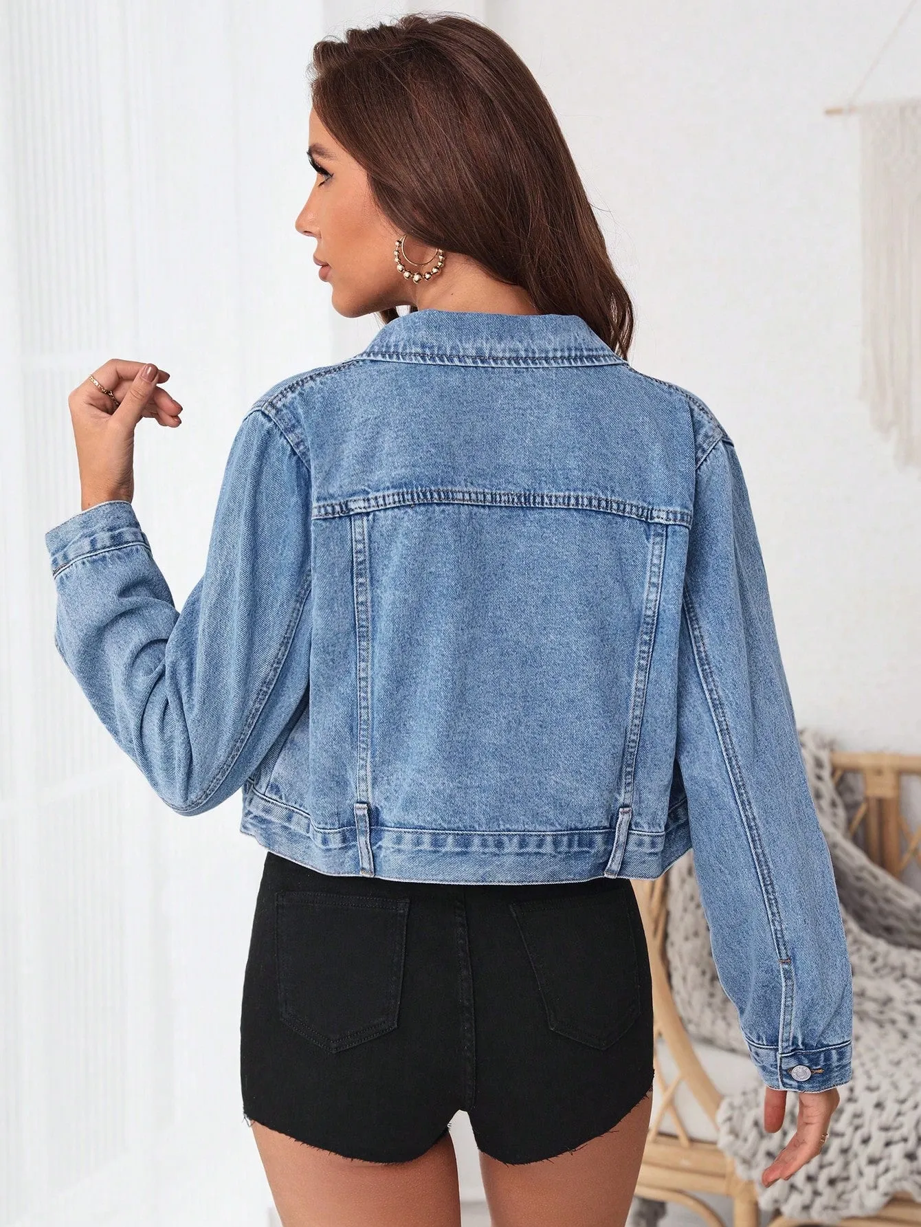 Blue Zip Front Crop Denim Jacket