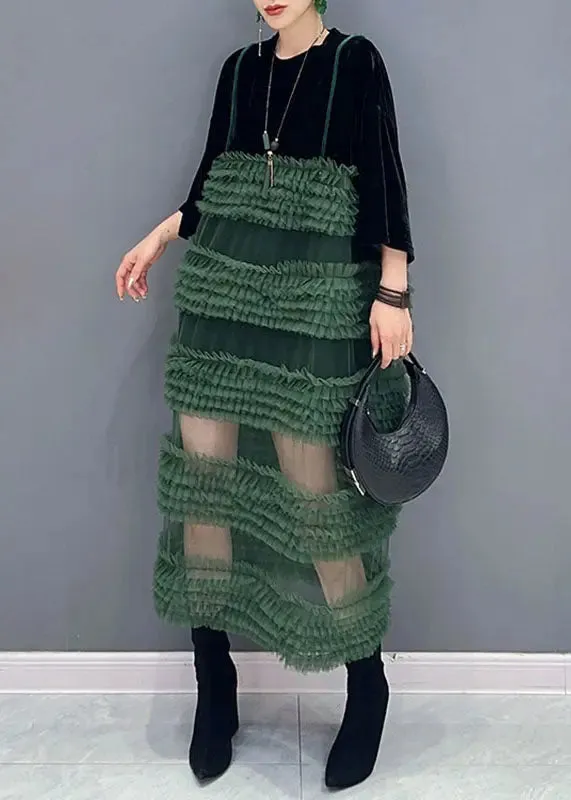 Boho Black Patchwork Green O-Neck Fake Two Pieces Tulle Long Dresses Long Sleeve ML3112