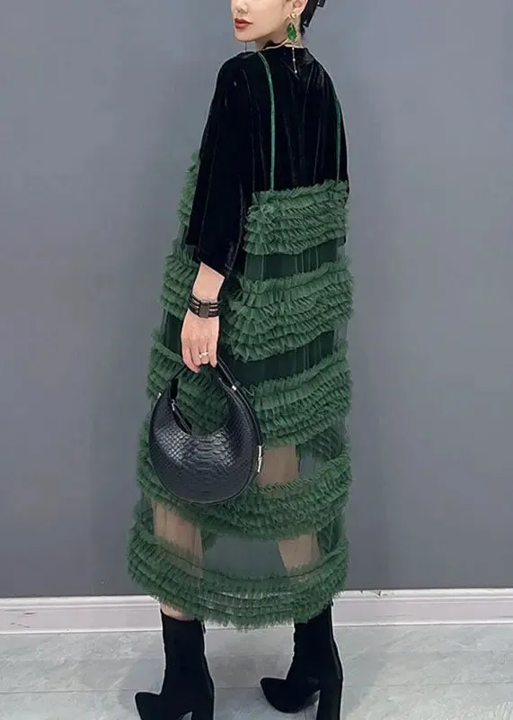 Boho Black Patchwork Green O-Neck Fake Two Pieces Tulle Long Dresses Long Sleeve ML3112