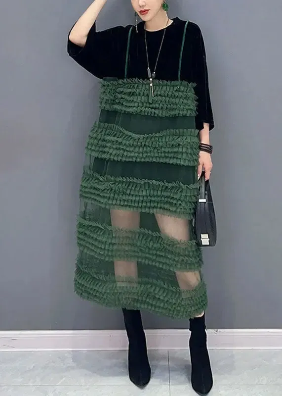 Boho Black Patchwork Green O-Neck Fake Two Pieces Tulle Long Dresses Long Sleeve ML3112