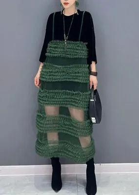 Boho Black Patchwork Green O-Neck Fake Two Pieces Tulle Long Dresses Long Sleeve ML3112