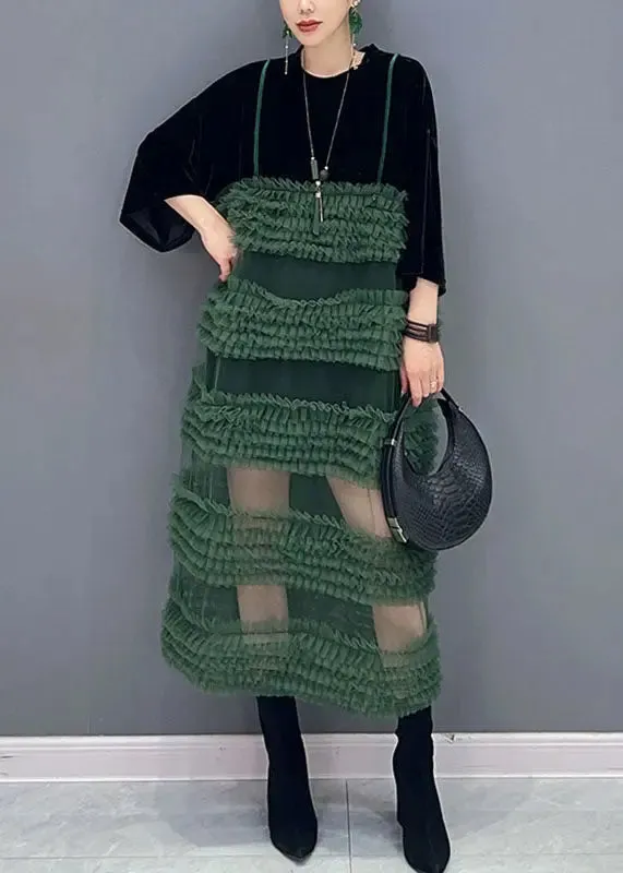 Boho Black Patchwork Green O-Neck Fake Two Pieces Tulle Long Dresses Long Sleeve ML3112