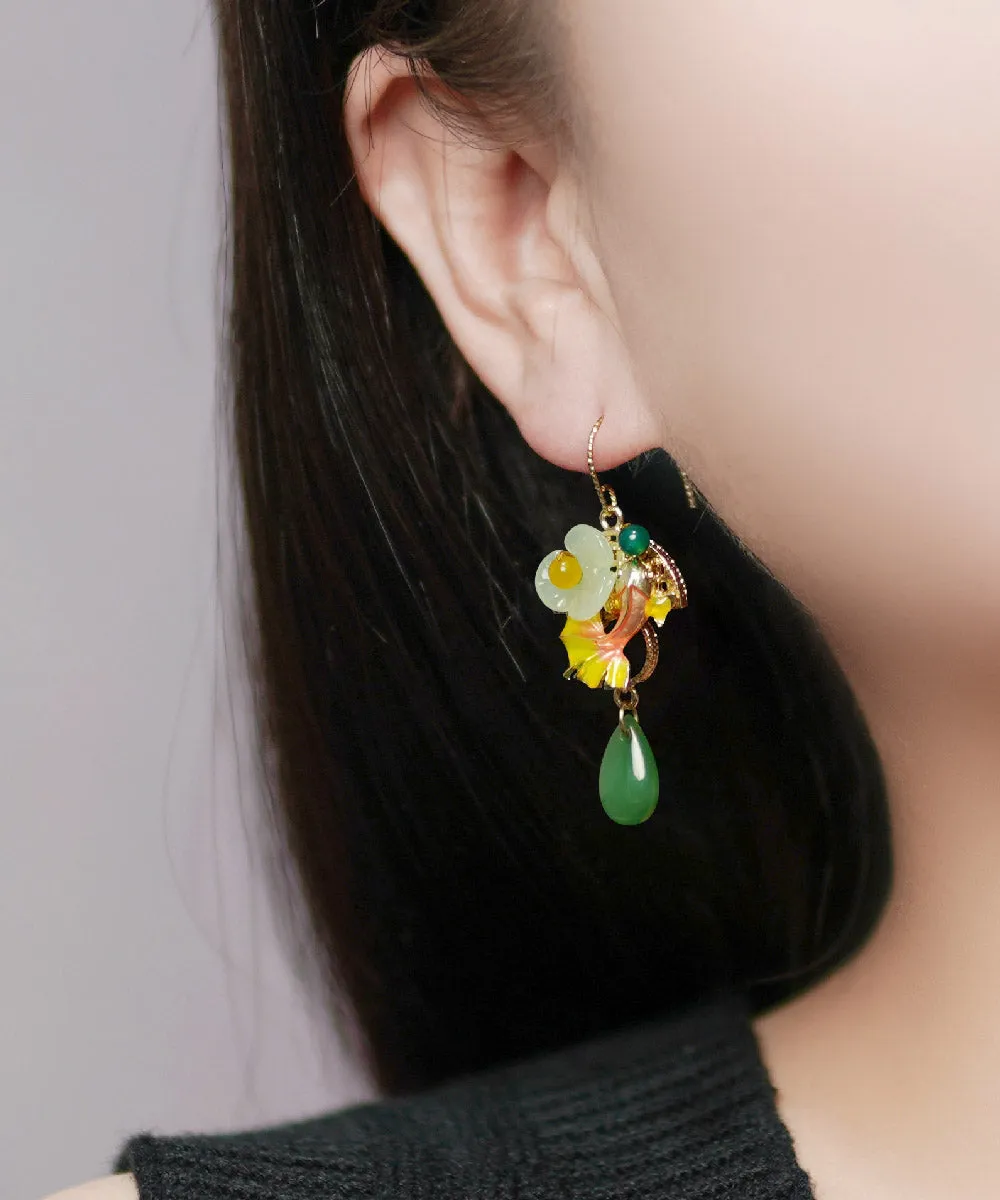 Boho Green Coloured Glaze Chalcedony Agate Cloisonne Floral Fish Drip Drop Earrings LY2200