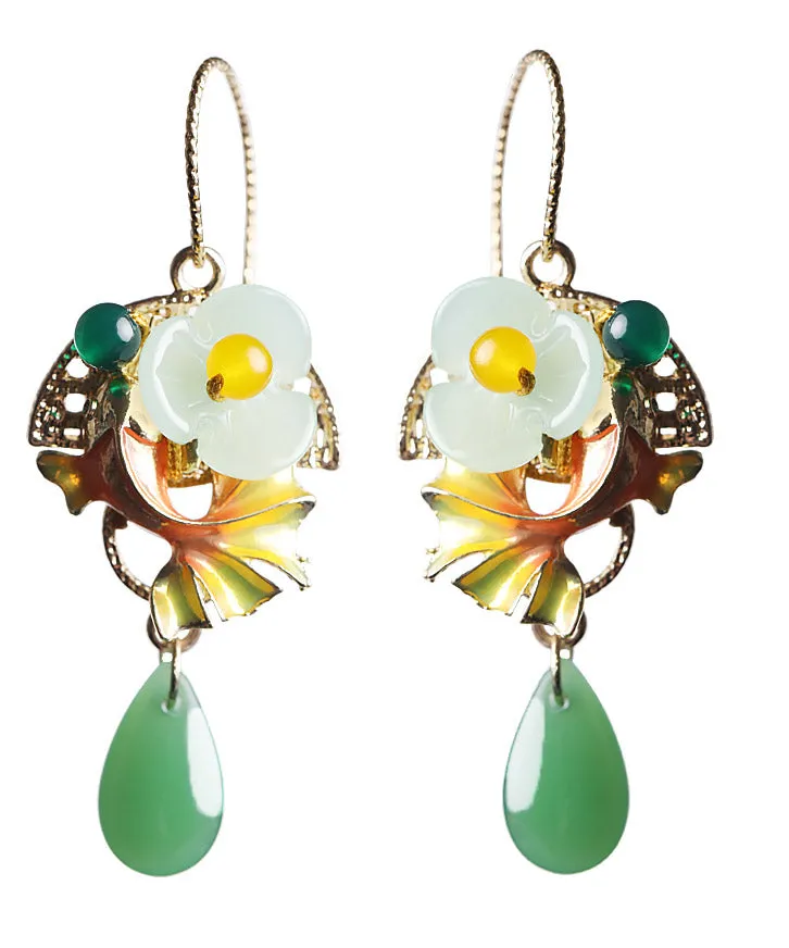 Boho Green Coloured Glaze Chalcedony Agate Cloisonne Floral Fish Drip Drop Earrings LY2200