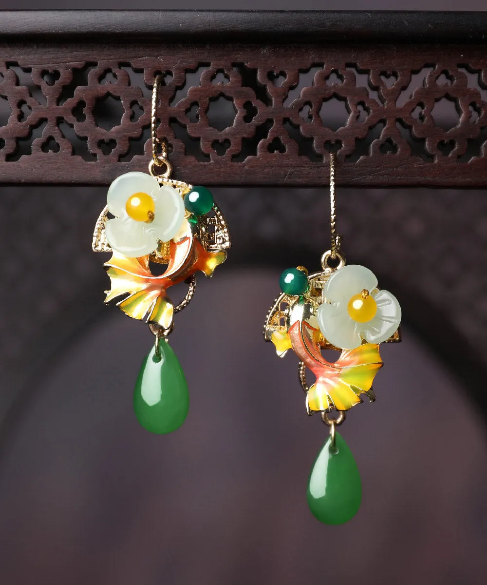 Boho Green Coloured Glaze Chalcedony Agate Cloisonne Floral Fish Drip Drop Earrings LY2200