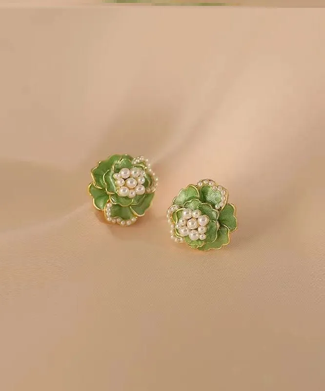 Boho Green Sterling Silver Copper Pearl Floral Stud Earrings TW1030