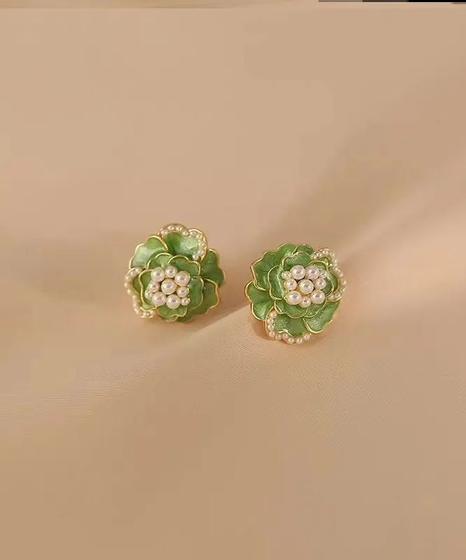 Boho Green Sterling Silver Copper Pearl Floral Stud Earrings TW1030