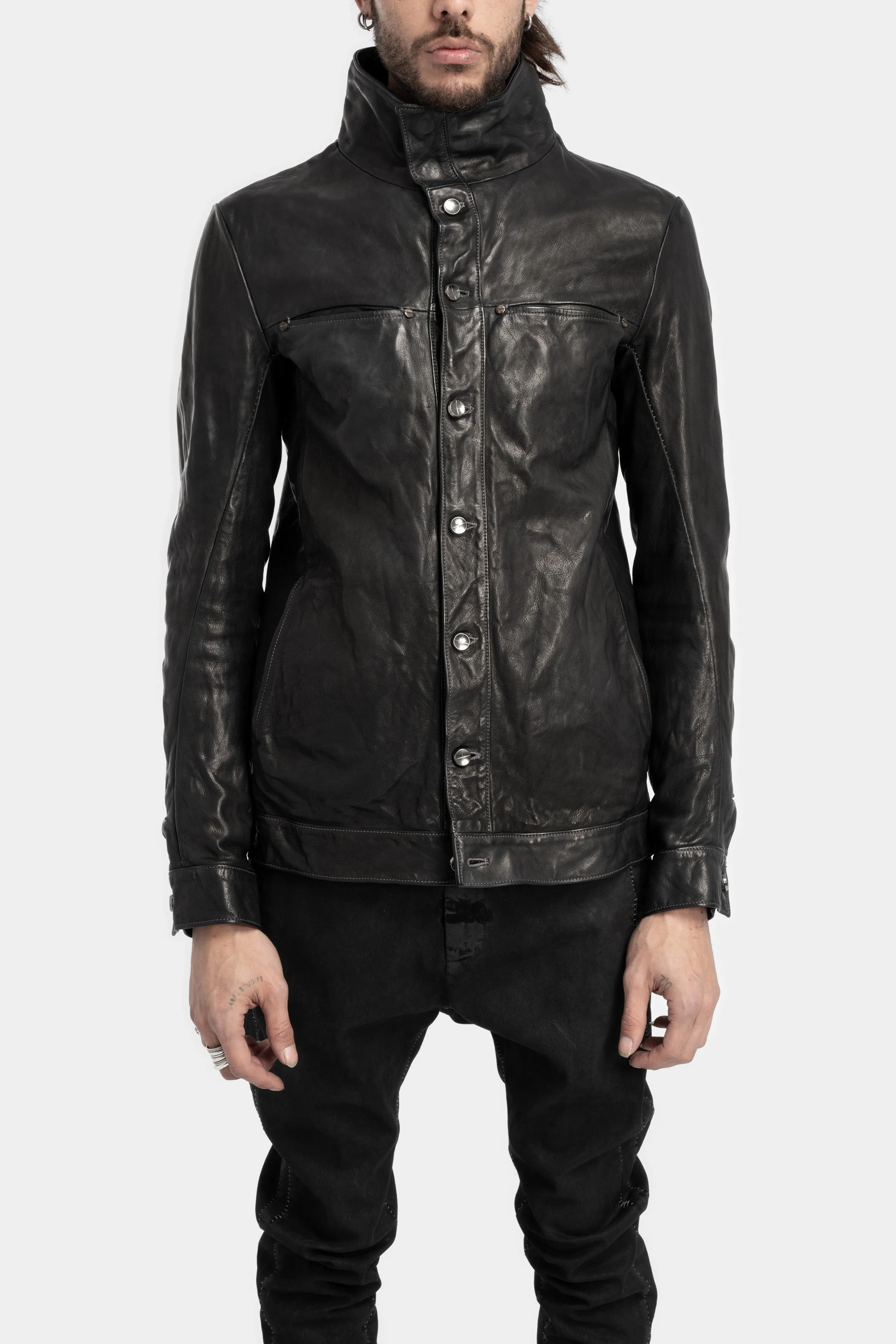 Buttoned leather over shirt