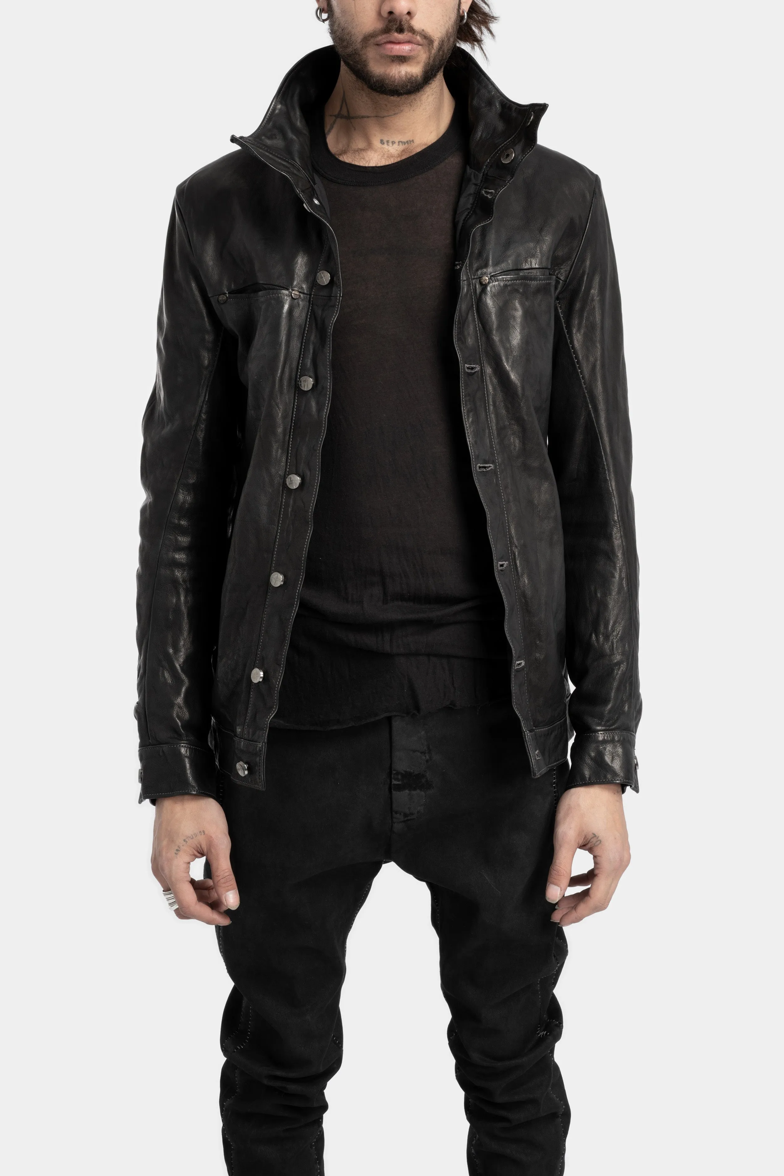 Buttoned leather over shirt