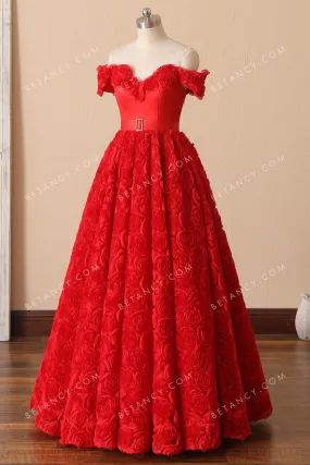 Charming 3D Rosette Flowers Off-the-shoulder Prom Gown