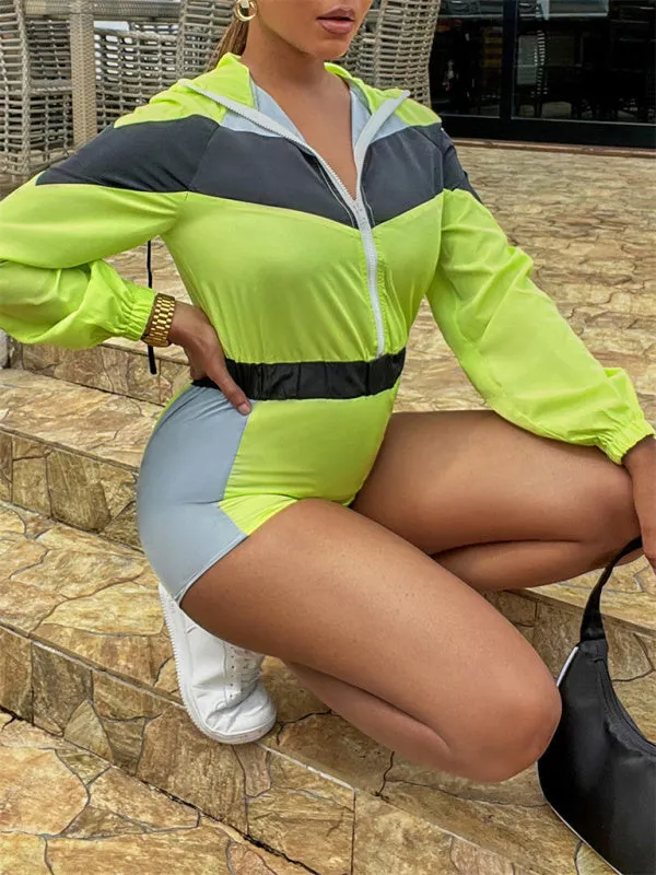 Colorblock Sporty Hooded Long Sleeve Romper