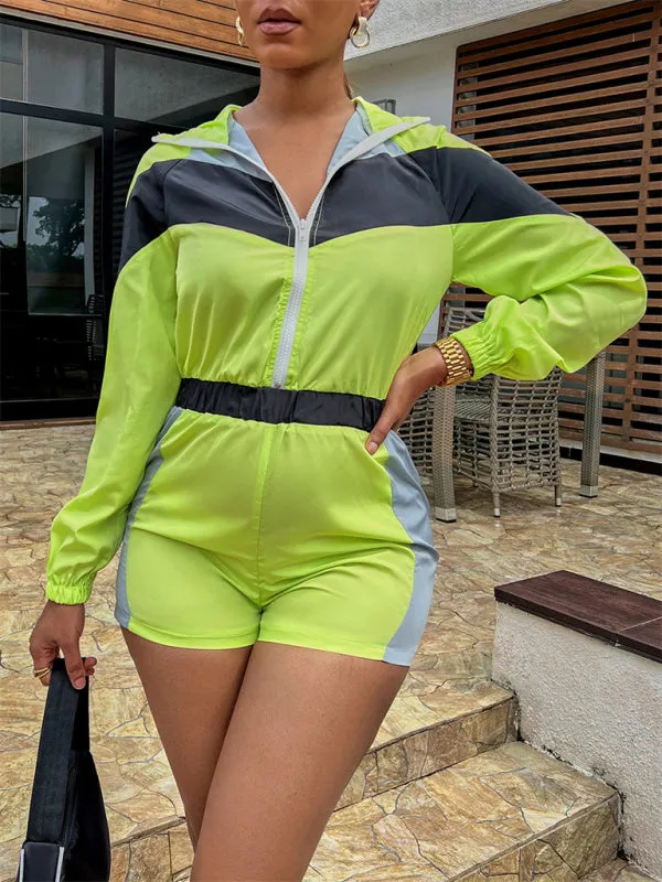 Colorblock Sporty Hooded Long Sleeve Romper