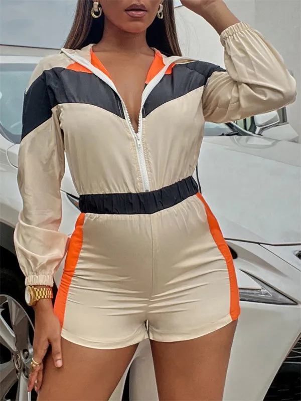 Colorblock Sporty Hooded Long Sleeve Romper