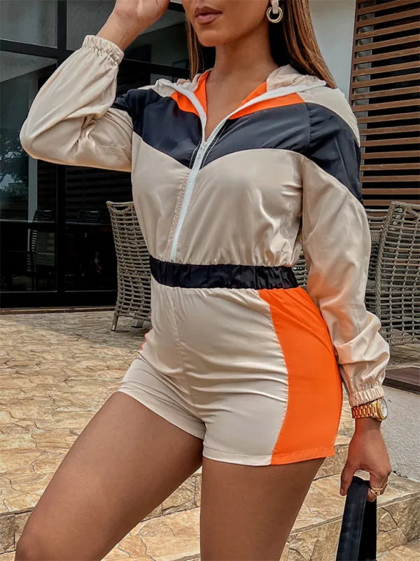 Colorblock Sporty Hooded Long Sleeve Romper