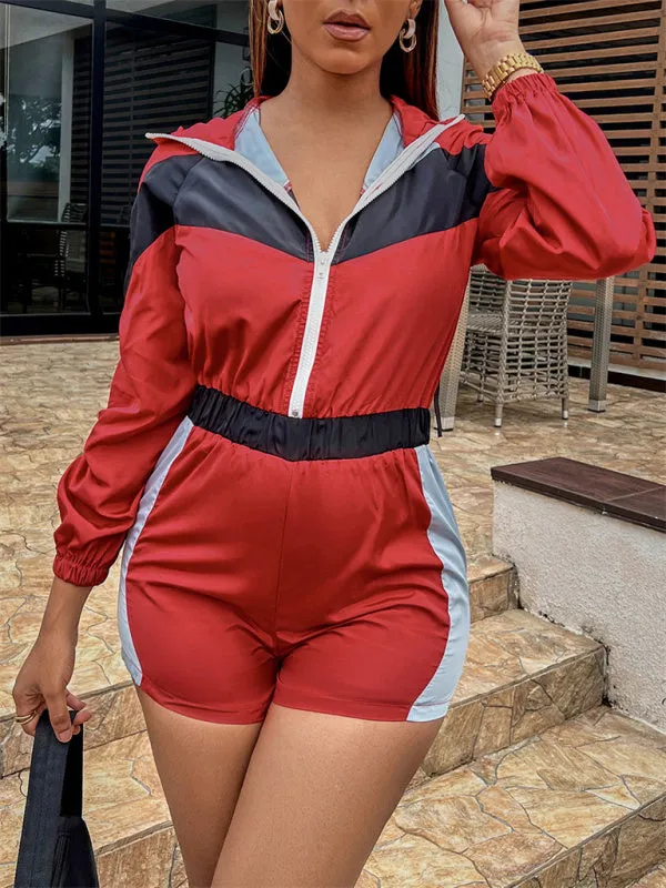 Colorblock Sporty Hooded Long Sleeve Romper