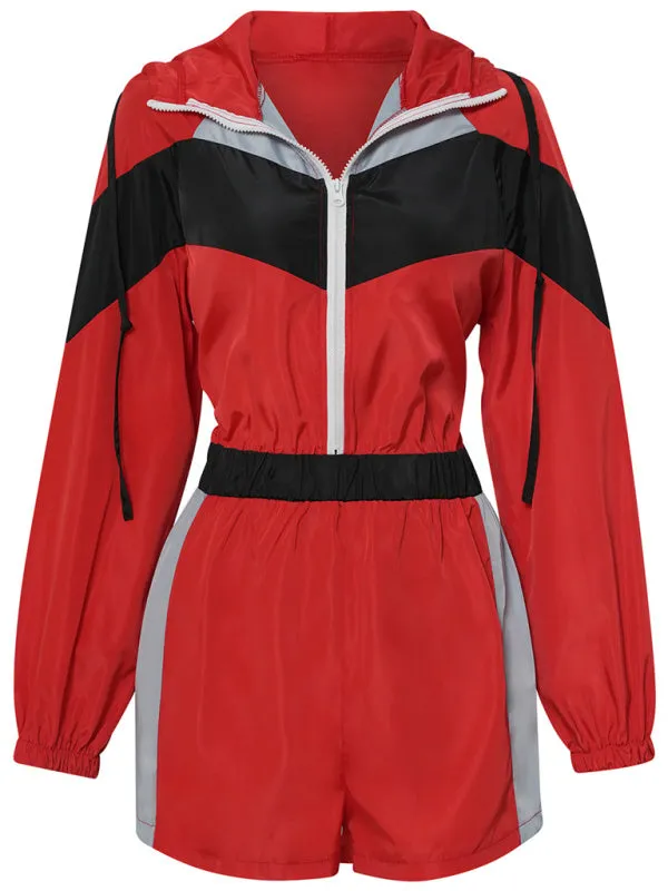 Colorblock Sporty Hooded Long Sleeve Romper