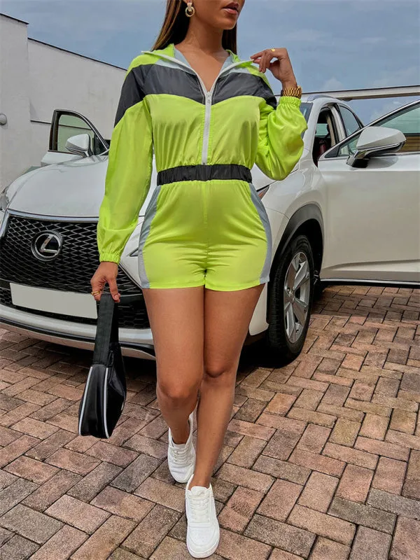 Colorblock Sporty Hooded Long Sleeve Romper