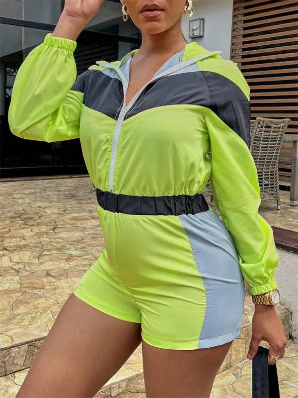 Colorblock Sporty Hooded Long Sleeve Romper